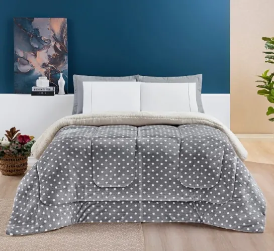 Coberdrom cinza com estampa poá tamanho queen