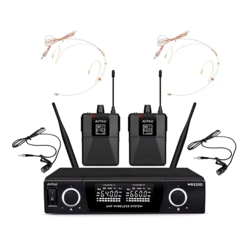 Microfone Auricular e lapela sem fio duplo UHF