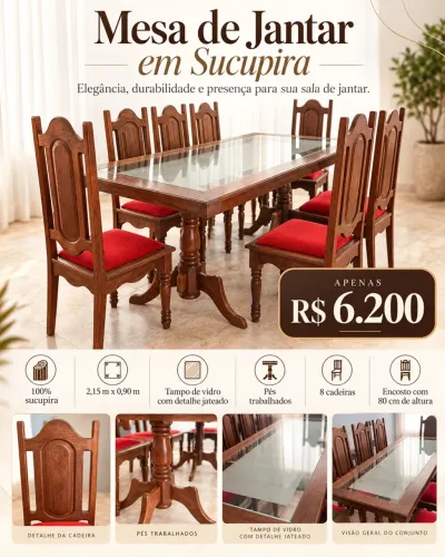 Mesa de sucupira com 8 cadeiras