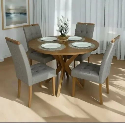 Conjunto Mesa Paris Redonda 108 com 4 Cadeiras Estofadas