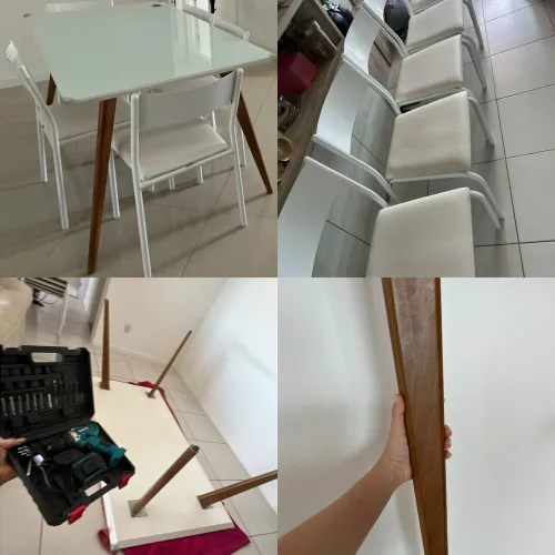 Mesa em laca branca com tampo de vidro, pés em madeira e 6 cadeiras TALK Tok&Stok.