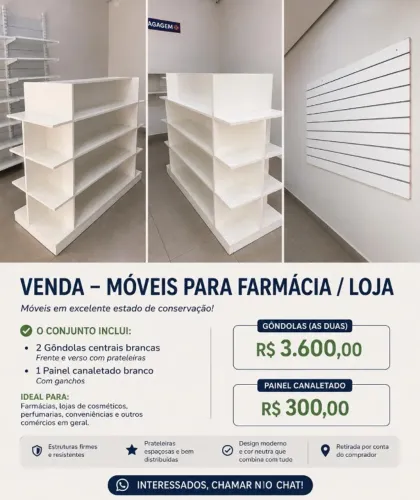 2 Gôndolas Centrais para Farmácia/Loja + Painel Canaletado - Excelente Estado