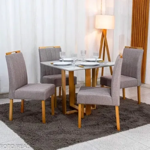 Mesa de Jantar Athenas 90x90 C/4 Cadeiras em Linho MDF rf11 S