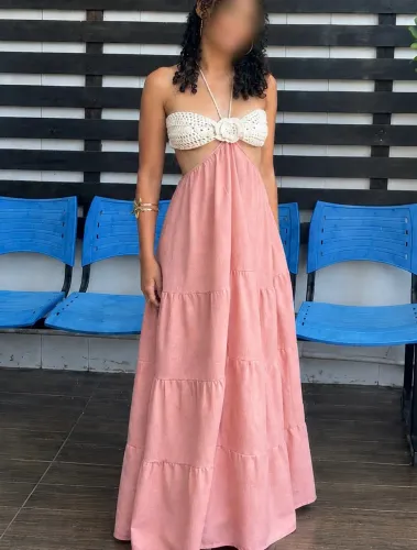 Vestido longo rosa com crochê | Tamanho P