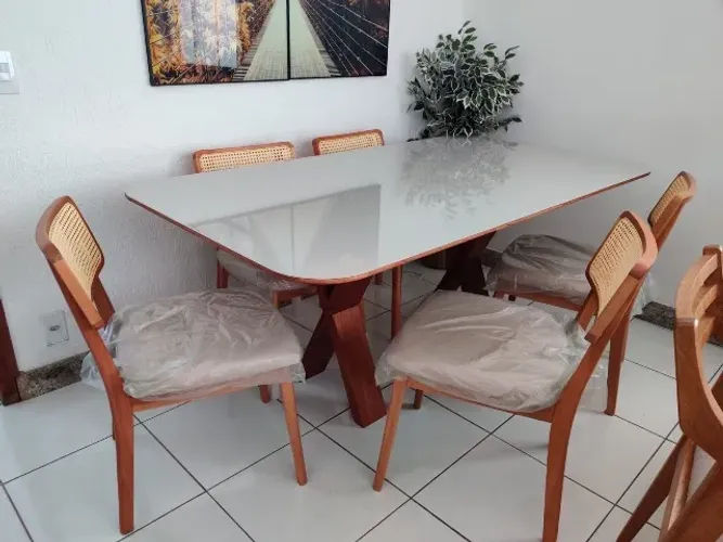 Conjunto Jantar Retrô: Mesa Madeira Alta Qualidade (1.80m) + 6 Cadeiras Tela Rattan