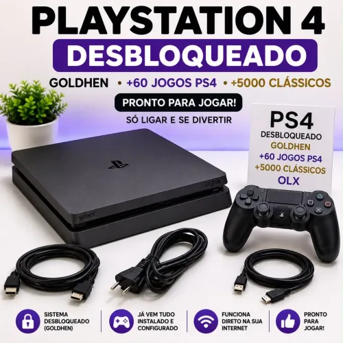 PlayStation 4 SLIM 500GB Desbloqueado GoldHen + 60 Jogos PS4 + 5000 Clássicos 