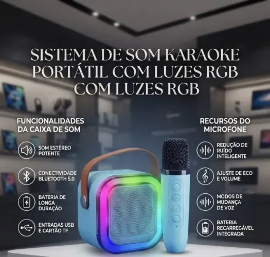 Caixa de Som Karaokê Portátil Bluetooth com Microfone + Luz RGB