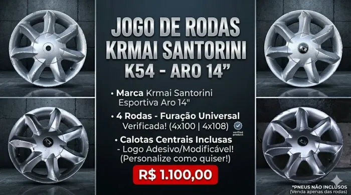 Jogo de Rodas KRMAI Santorini K54 Aro 14" - Estilo Esportivo e Furação Universal