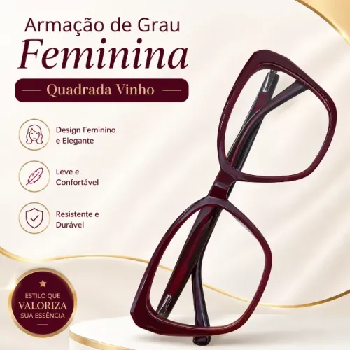 Armação de Grau Feminina Quadrada Vinho