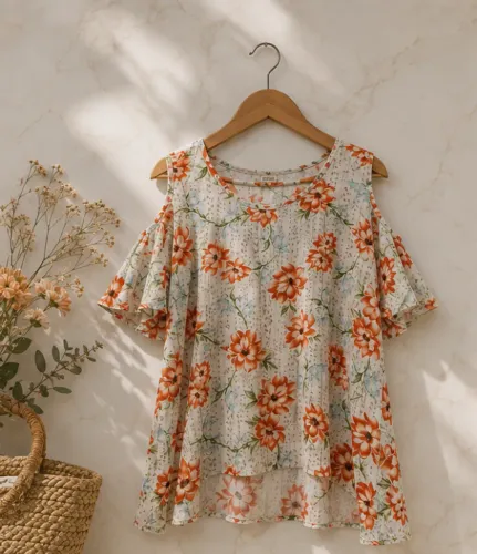 Blusa Floral Romântica com Ombros Vazados