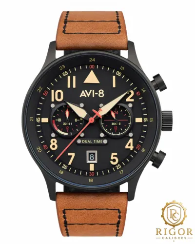 Relógio AVI-8 Hawker Hurricane Carey: Dual Time, Militar, Couro, 43mm, Calibre Quartz