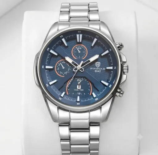 Relogio Inox PINHAO 8642 Prateado Silver BLUE azul Lindo, Pulseira em Inox prateada