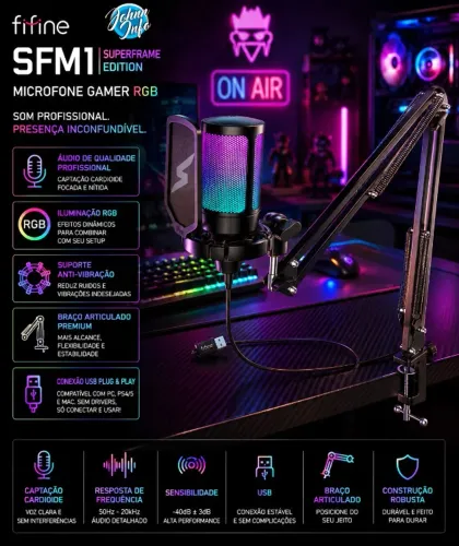 Microfone Gamer Fifine SuperFrame Edition SFM1, RGB, USB, Black, Com Braço Articulado