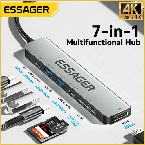 Hub Adaptador Essager 7 em 1 HDMI 4k 30hz P/ Macbook