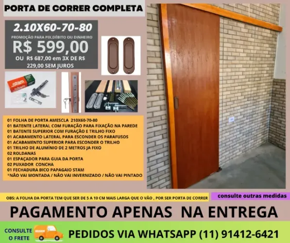 Porta interna de correr fechadura 2.1x70 Completa - frete a/c