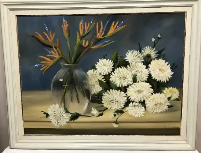 Lindo Quadro "Estrelícias e Dálias" pintado a óleo em tela (95 x 75)