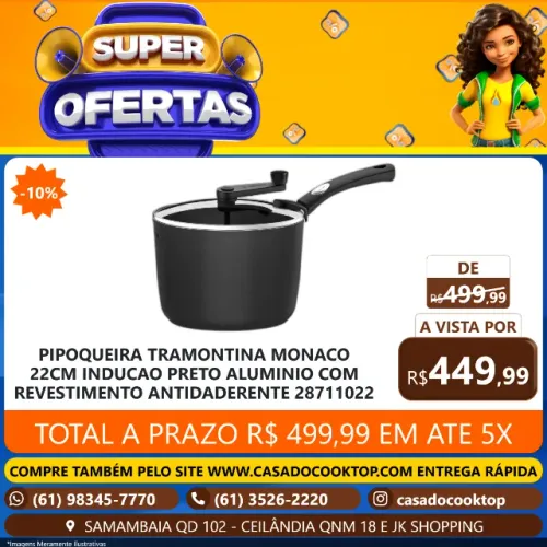 PIPOQUEIRA 22CM 5,4L MONACO INDUCAO PRETO - ALUMINIO COM REVESTIMENTO ANTIDADERENTE