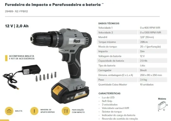PARAFUSADEIRA RAZI C/IMPACTO C/1BATERIA 12V 2HA E MALETA 