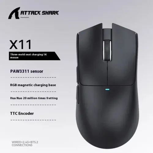 Mouse Gamer ATTACK SHARK X11 "PRETO" - PAW3311, 22000 Dpi, Tri Mode, 1000Hz