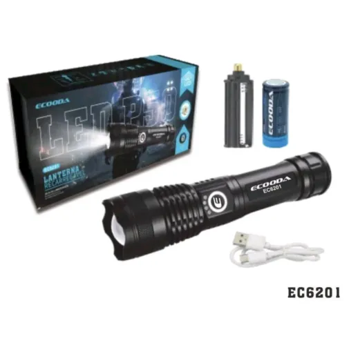 Lanterna tática P50 EC6201 bateria recarregável led brilhante longo alcance