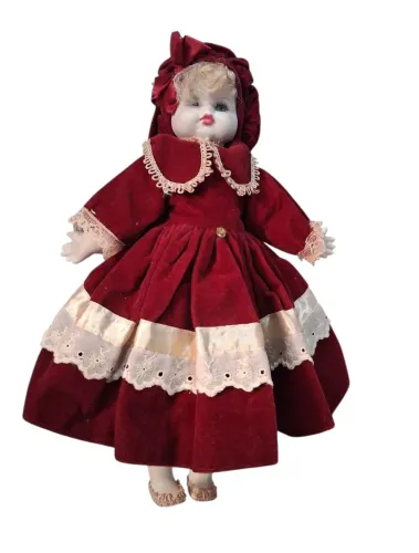 Linda Boneca de louça Vintage com vestido de veludo