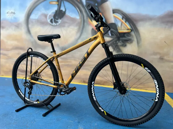 Bicicleta First aro 29, kit 1x8, k7 11x34, freios a disco hidráulicos