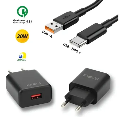 Carregador Turbo Usb Tipo C 20w Inova Preto