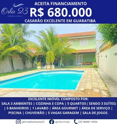 GUARATIBA, ORLA 23 IMOBILIÁRIA! Excelente casarão com piscina.