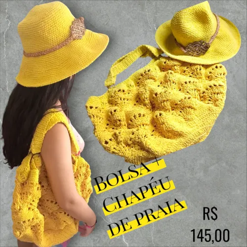 Chapéu e bolsa de praia de crochê 