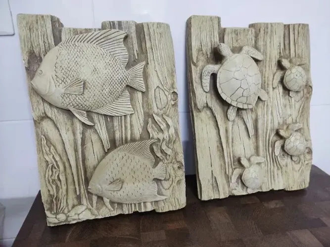 Kit 2 Quadros Tema Mar Peixes Tartaruga Decoração 42x30 Cm em Fibra 3D