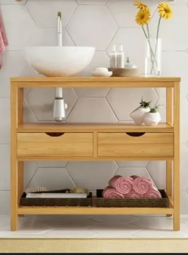 Balcão De Banheiro Com 2 Gavetas 2 Prateleira  Madeira Maciça Nobre