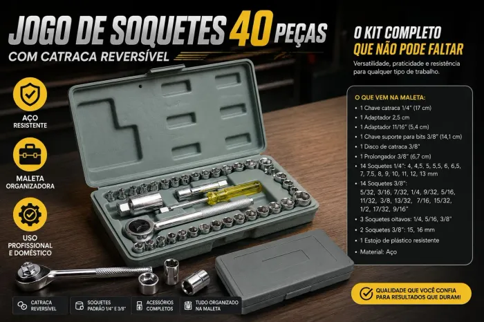 Jogo de Soquetes 40 Peças com Chave Catraca Reversível 3/8 e 1/4 - Kit Completo com Maleta