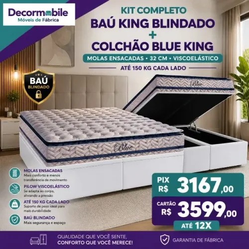 Bau king + Colchão blue visco elastico Molas ensacadas 32 cm Paropas