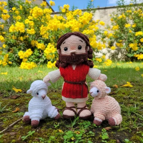 Jesus e suas ovelhas em amigurumi