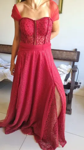 Vestido festa bordado renda vermelho 46