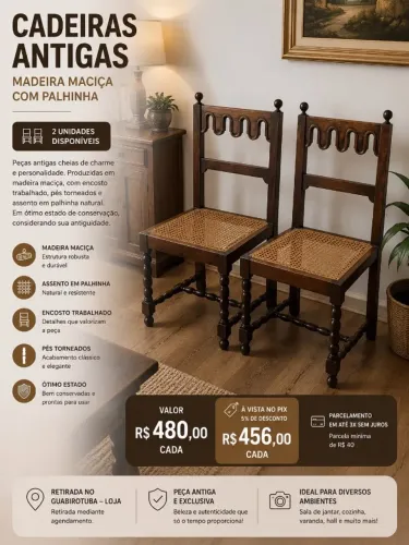 CADEIRAS ANTIGAS EM MADEIRA MACIÇA COM PALHINHA - 2 UNIDADES