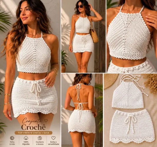 CONJUNTO SAIA + CROPPED  DE CROCHÊ