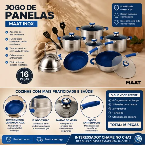 Jogo de Panelas MAAT Inox Fundo Triplo com Revestimento Cerâmico Azul - 16 Peças