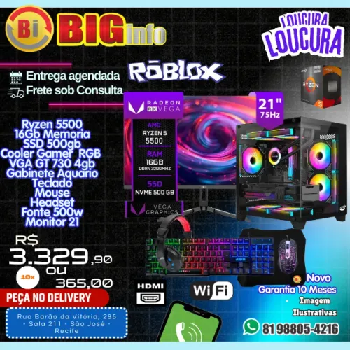 Computador Ryzen 5 5500 - 16gb Ram - SSD 480GB - Teclado Mouse - Monitor 22 - Em ate 10x 