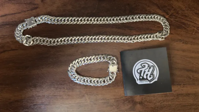 KIT CORRENTE E PULSEIRA DE PRATA 925 ELO DUPLO 17MM