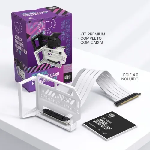 Suporte Vertical GPU Premium Cooler Master Kit V3 Branco PCIe 4.0 Completo Caixa