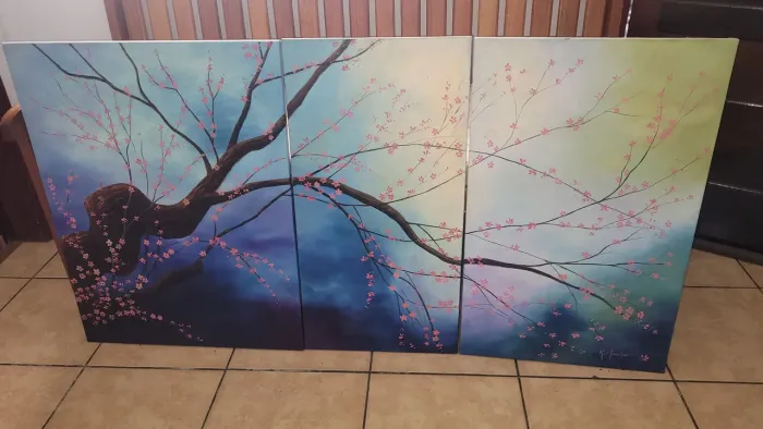 Quadro cerejeira em 3 partes arte pintura