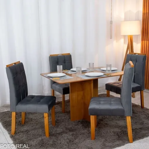 Mesa de Jantar 120x80cm 4 Lugares Veludo Cinza