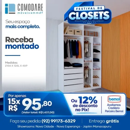 Closet 1,28m com Gavetas e Prateleiras - R$ 1.437,00