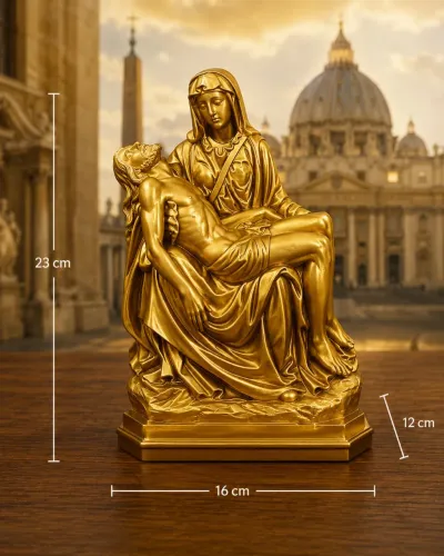 Nossa Senhora Pietà dourada em gesso premium e verniz automotivo