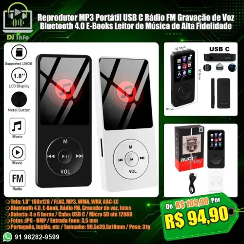 Reprodutor MP3 Alta Fidelidade Portátil USB C Rádio FM Gravação de Voz Bluetooth 4.0 EBook