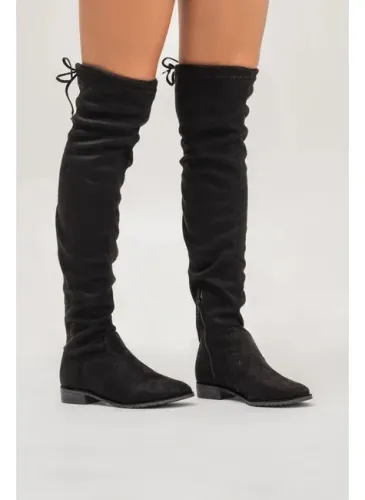 Bota Over Knee Preta Veludo Cano Alto Salto Baixo
