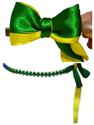 Kit laço prendedor de cabelo + cinto de pérolas infantil copa do mundo Brasil 