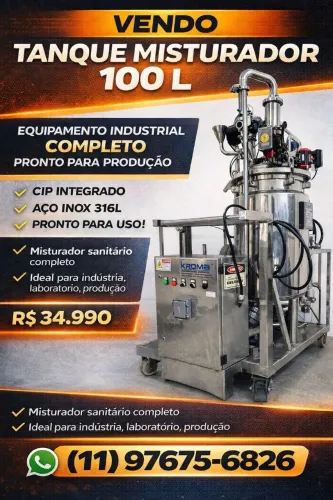 TANQUE MISTURADOR INDUSTRIAL 100 L INOX 316L COM SISTEMA CIP - COMPLETO