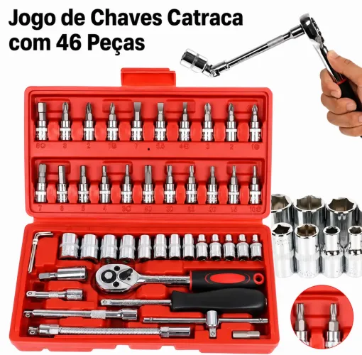 Kit Jogo de Chaves Catraca 46 Peças 1/4? com Soquetes, Bits e Estojo Organizador